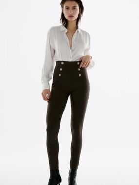 Zara High Rise Knit Leggings Olive Green Gold Button Detail Size Small